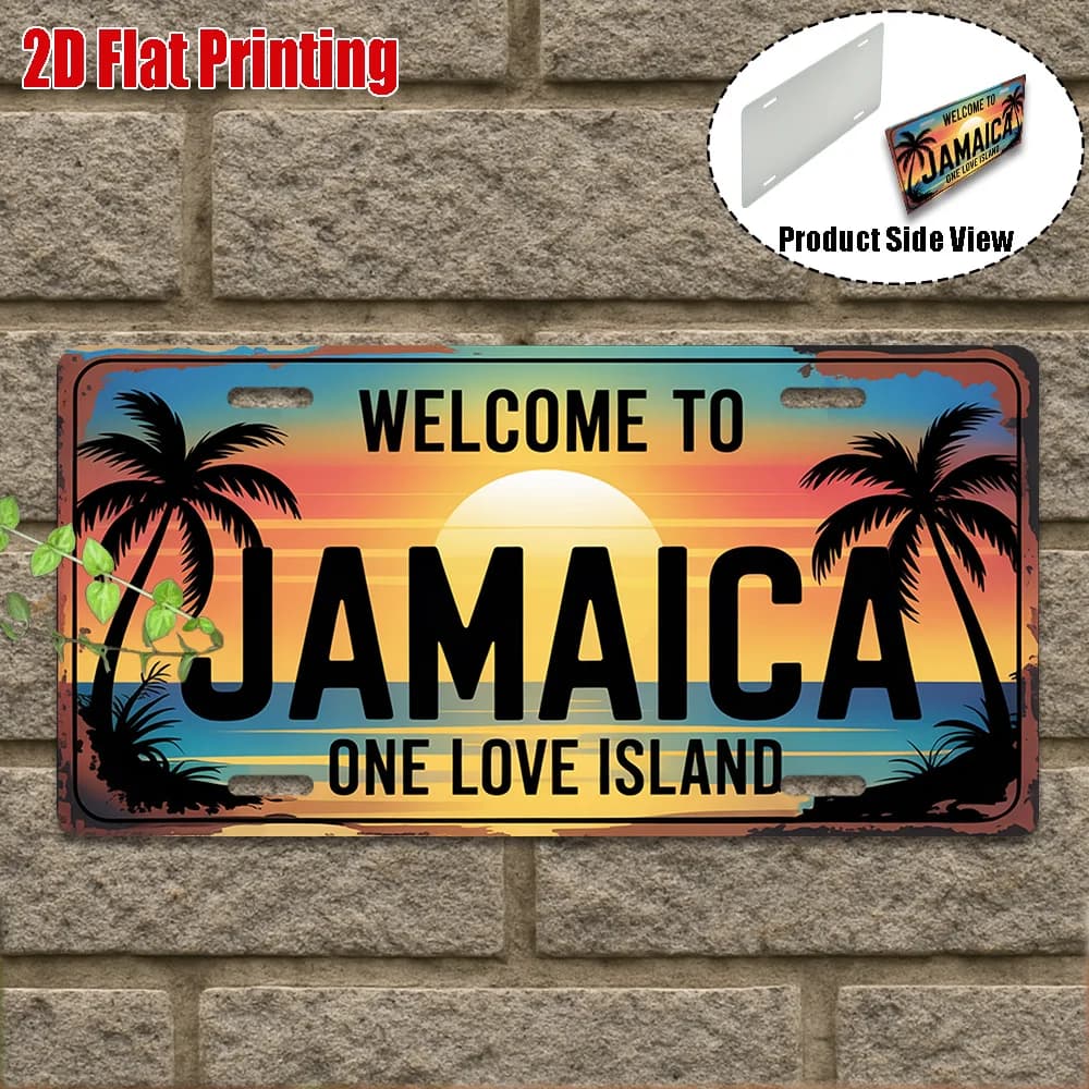 Benvenuti a Giamaica: Targa in Metallo Stile One Love Island con Stampa 2D, Insegna Decorativa in Alluminio a Tema Tramonto Caraibico