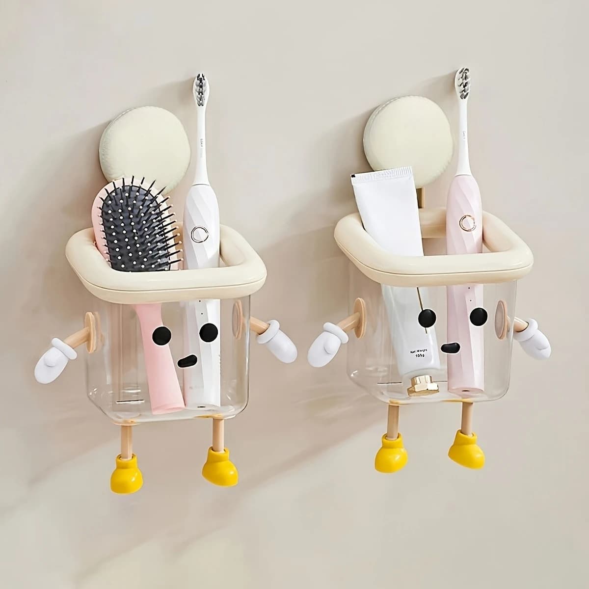 Porta spazzolino da denti a forma di cartone animato, scatola portaoggetti a parete con ventosa senza trapano, accessorio per lavabo in plastica carino per decorazioni per la casa per il dente
