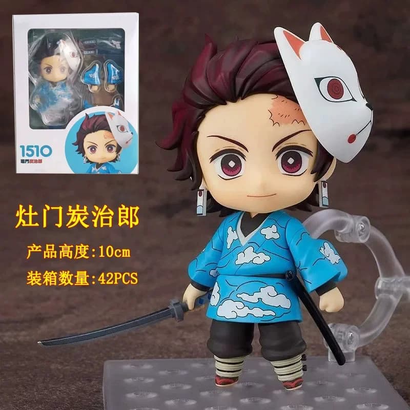 Q Version Tanjiro Kamado Nendoroid 1510 Anime Figure Pvc Model Toy Interchangeable Faces Fox Mask Doll Ornament Collectible Gift