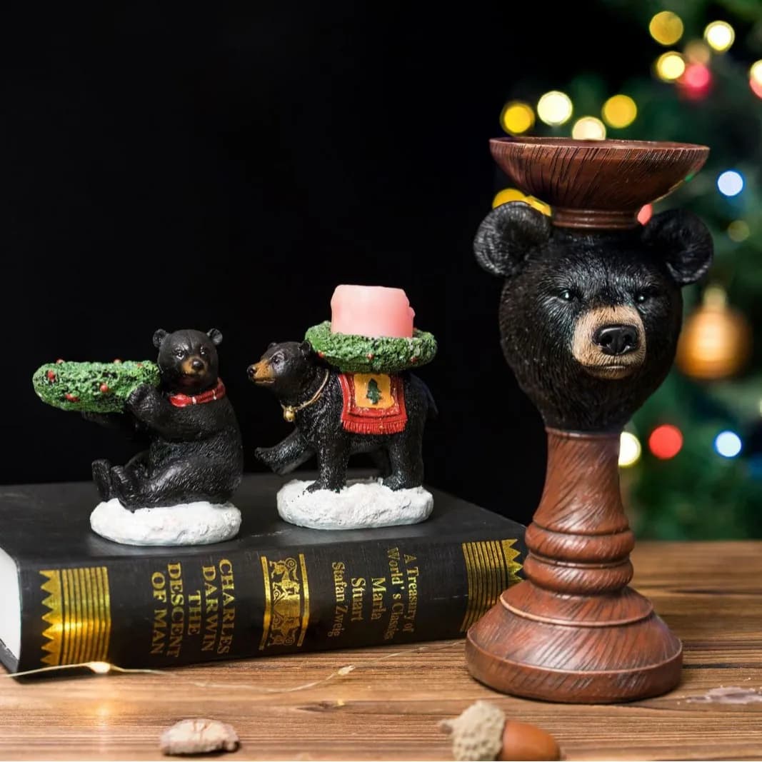 "Portacandele con orsetto di Natale - Decorazione da tavolo in resina con cappello da Babbo Natale - Centrotavola natalizio nordico