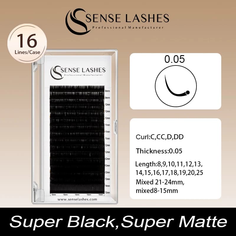 SENSE LASHES 16 file Ciglia individuali 0,05 C/CC/D/DD Curl 8-25mm Ciglia nere opache premium Estensioni ciglia professionali