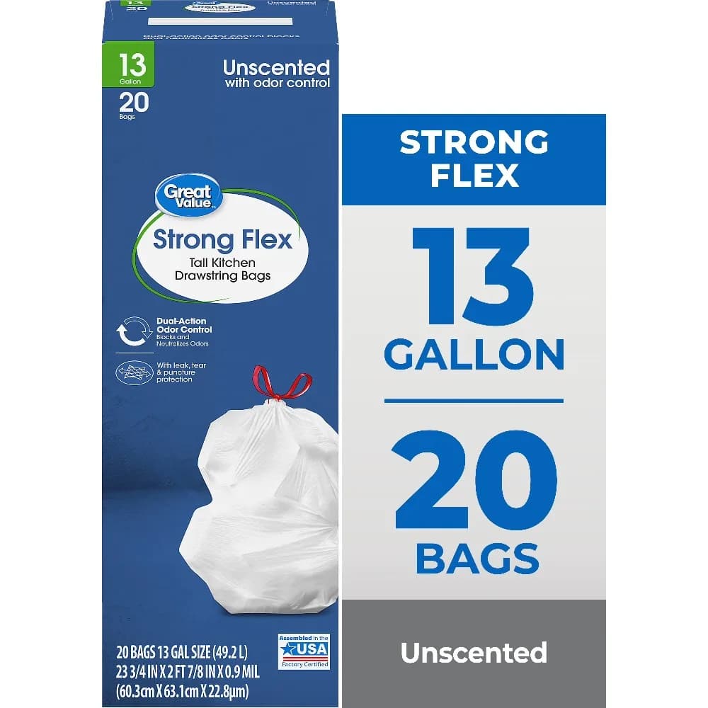 Extra Large 13 Gallon 20 Pack Strong Tall Kitchen Drawstring Trash Bags Unscented Heavy Duty Wastebasket Garbage Bags for Home Office Commercial Use