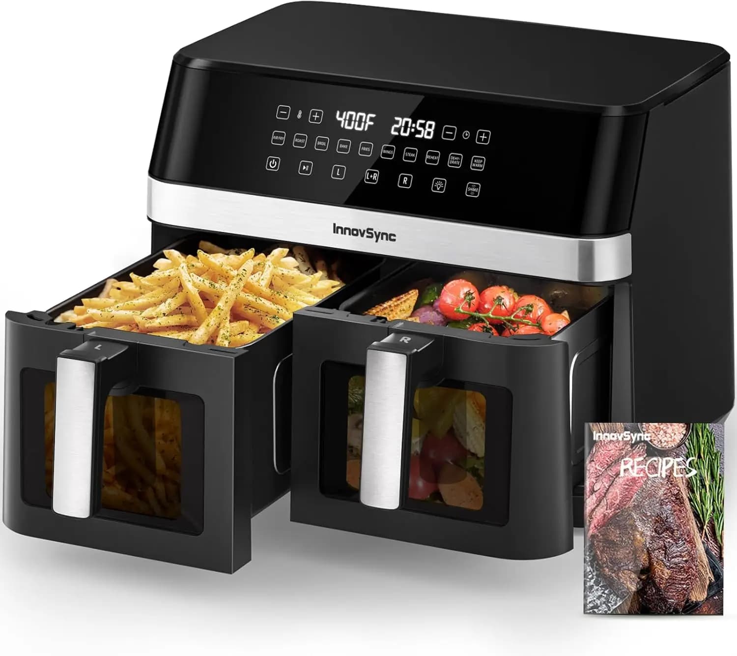 Friggitrice ad Aria Doppia Grande da 12QT, 10 in 1, con 2 Cestelli da 6QT, Pannello Facile da 60 cm e Touchscreen Completo SyncCook
