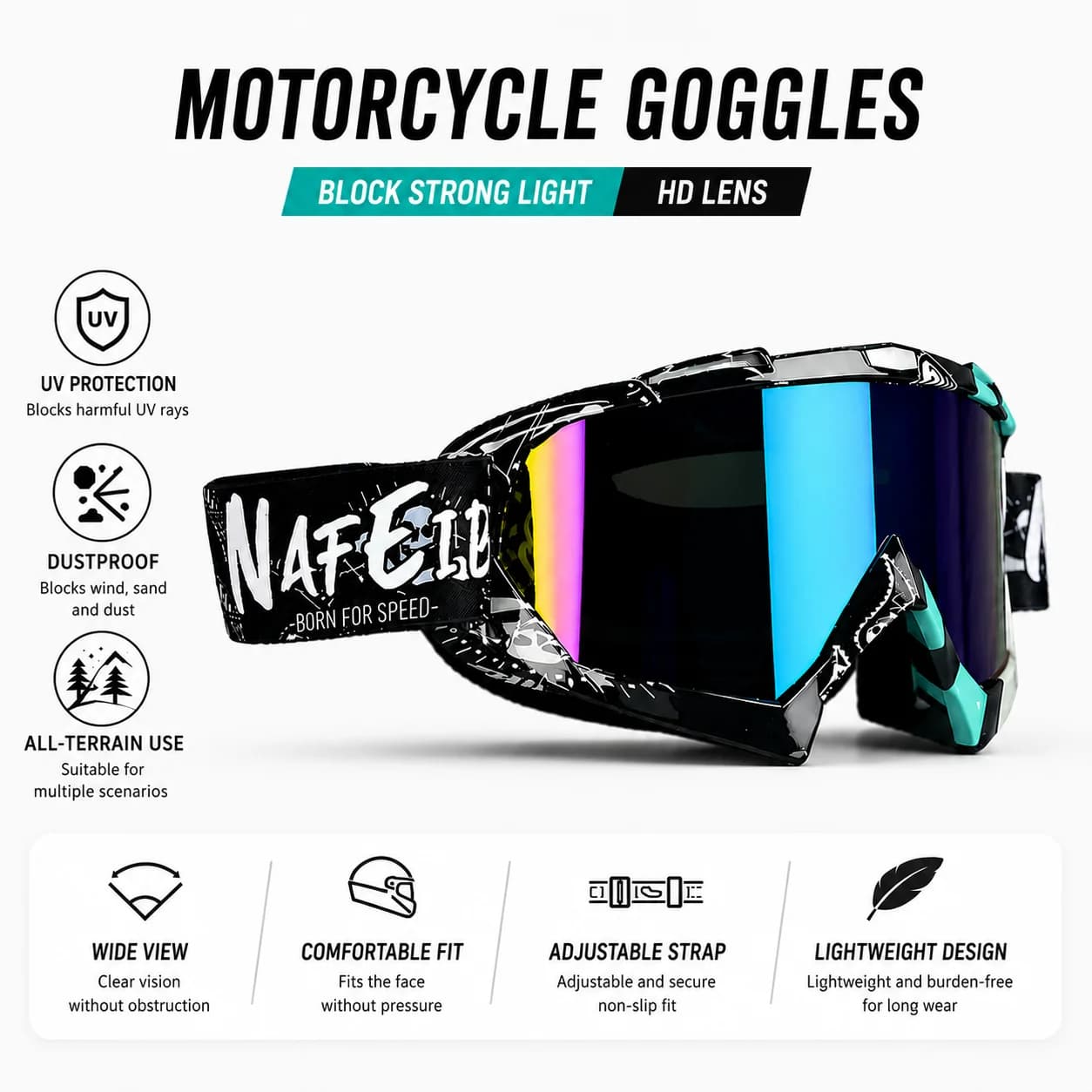 Occhiali Antivento per Fuoristrada, Occhiali da Sole per Motocross, Maschera Protettiva per MTB ATV Sci Ciclismo e Corse
