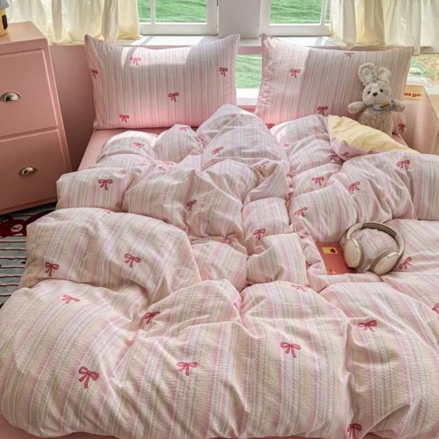 Pink Bow Duvet Cover Queen Size, Girls Cute Striped Bowknot Yellow Duvet Cover with Pillowcase, Cozy Soft Microfiber Bedding Se
