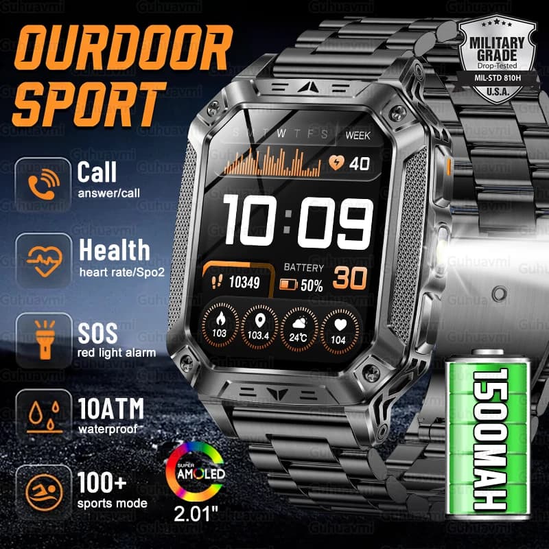 2026 New 1500mAh Battery Smart Watch GPS Trajectory 10ATM Waterproof Heart Rate Monitoring Outdoors Sports Military Smartwatch