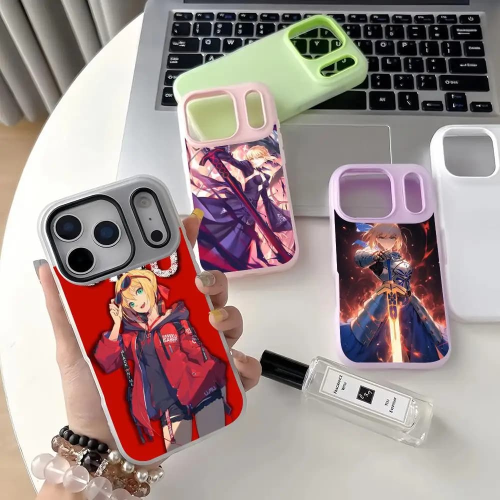 F-Fate Saber phone case for iPhone 17 16 15 14 Pro Max, double layer crystal case with brilliant liquid