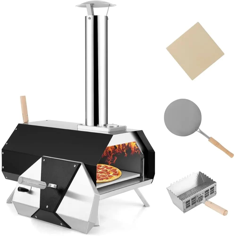 Forno per Pizza Portatile a Pellet di Legno per Esterni con 12 Pietre Refrattarie, Gambe Pieghevoli e Termometro Integrato per Feste in Giardino e Campeggio