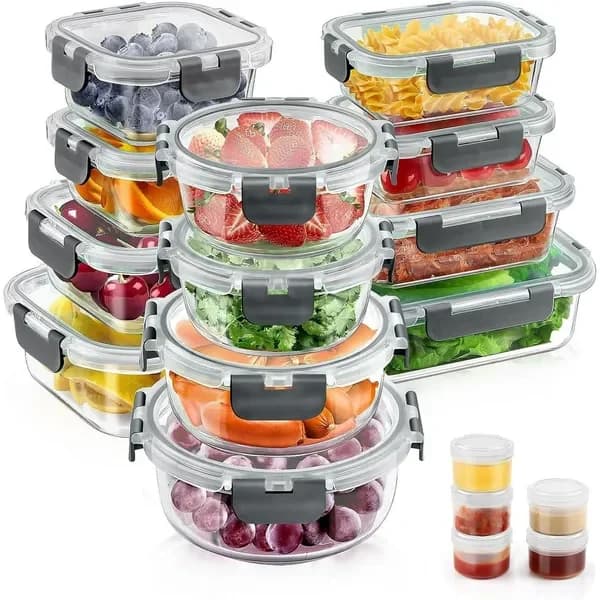 Set di 34 contenitori in vetro per alimenti con coperchi, contenitori ermetici per la preparazione dei pasti (17 contenitori e 17 coperchi), grigio