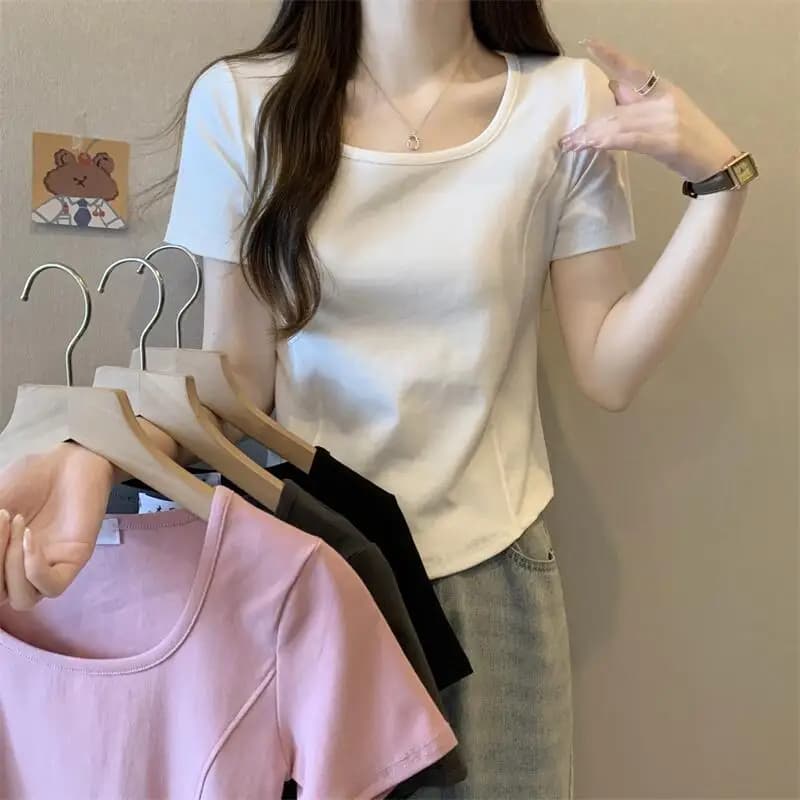 plus Size Shoulder Length Short Sleeve Women's T-Shirt Summer Slimming Pure Desire Irregular Square Collar Casual Style Top