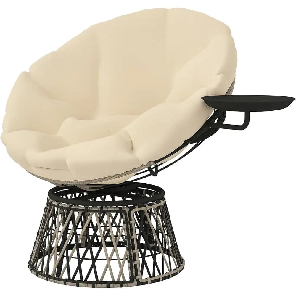 Papasan Chair Outdoor Swivel 39 with Side Tray, Bearing Thickness, Wicker Shaft for Interior/Esterni, Beige