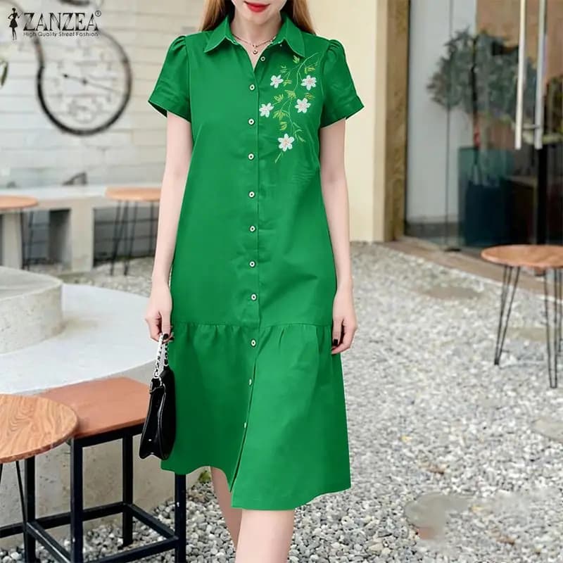 ZANZEA 2026 Abito Estivo Floreale da Donna Elegante per Ufficio, Vestito Casual a Maniche Corte con Bottoni, Abito Midi per Vacanze