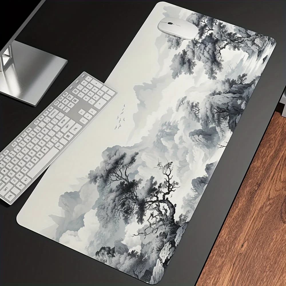 Tappetino per mouse grande dipinto a inchiostro paesaggio cinese XXL base in gomma cuscino da tavolo di espansione per ufficio da gioco design in bianco e nero fai da te