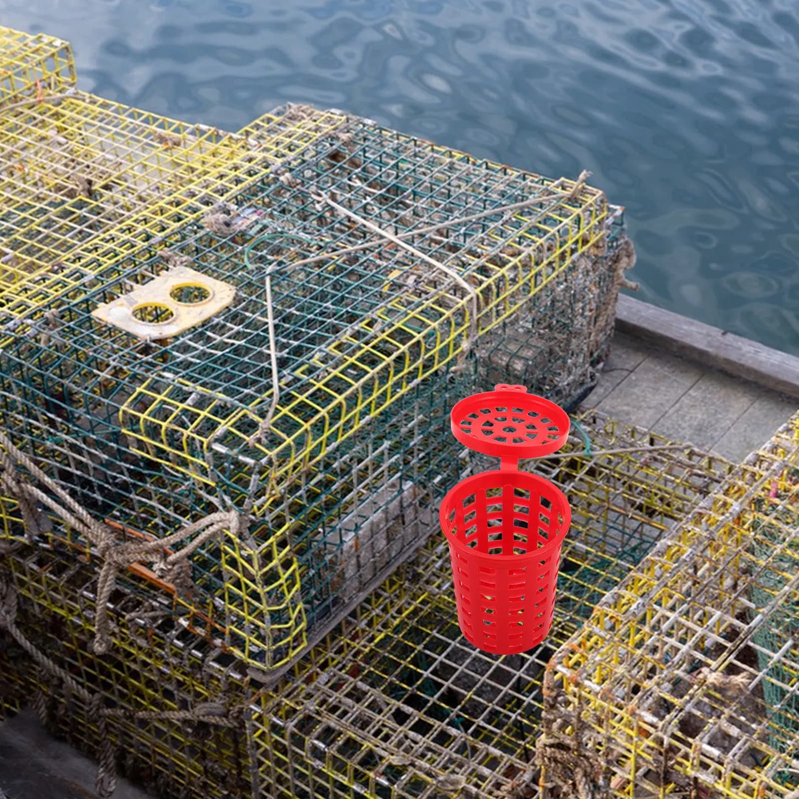 10 Pezzi Accessori da Pesca: Rete per Anguille e Gamberetti, Gabbia per Esche, Alimentatore per Carpe, Lanciatore Rosso, Supporto per Attrezzatura