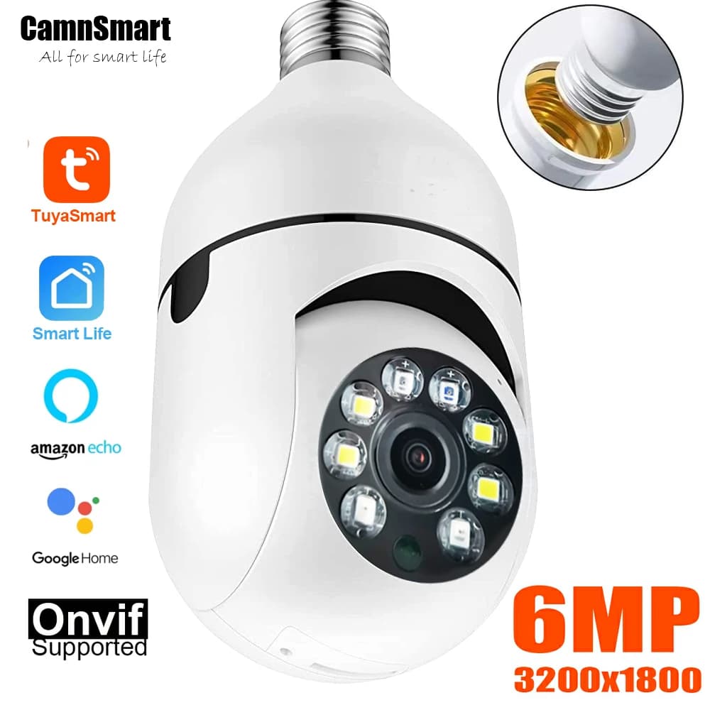 6MP Tuya E27 Lampadina Telecamera WIFI PTZ Video sorveglianza Baby Monitor Visione notturna a colori Indoor Smart Life APP Controllo IOS Android