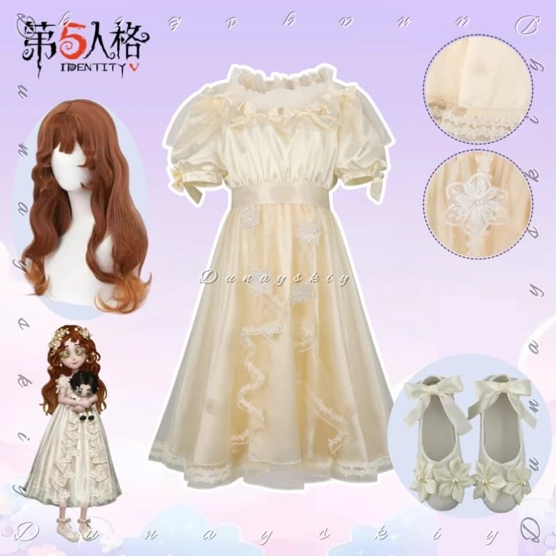Costume Cosplay Identity V Little Girl Oedipus, Scarpe Giallo Crema, Abito Lolita Dolce con Ricami Floreali in Pizzo, Maniche Corte a Sbuffo