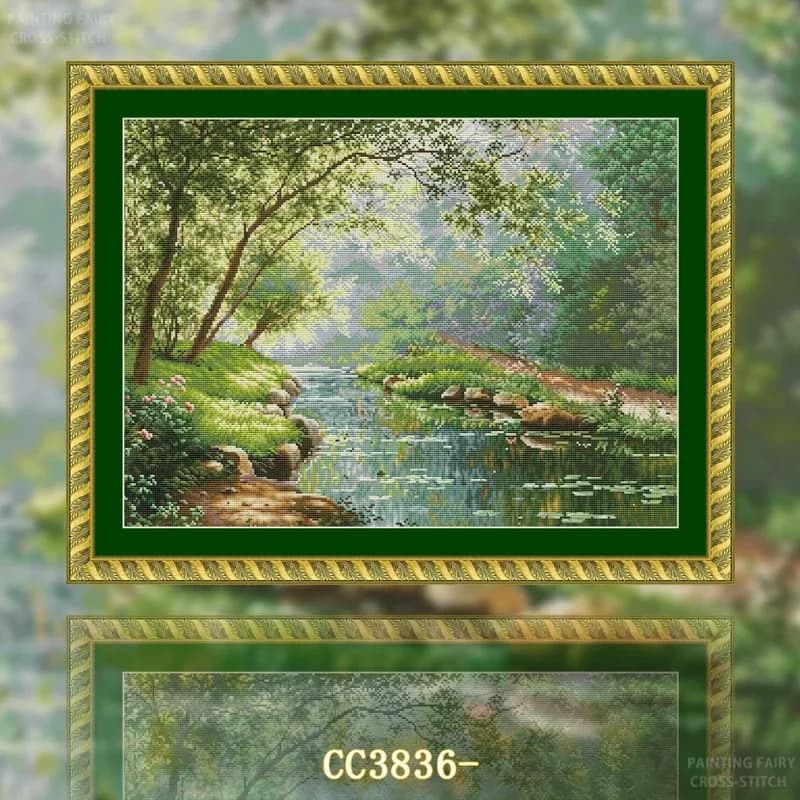 [CC3836-River path]Stamped Cross Stitch Kit for Adults and Kids, Easy Pre-Printed Canvas with Cotton Threads and Needles, Handma