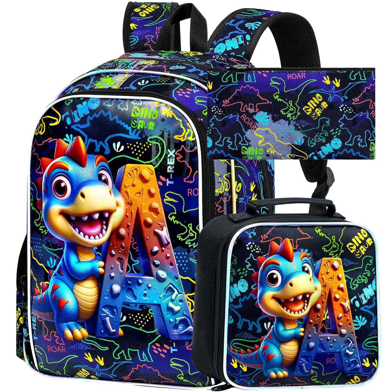 Set di 3 zaini con stampa di dinosauri e lettera A, borsa scolastica per bambini con astuccio e portapranzo