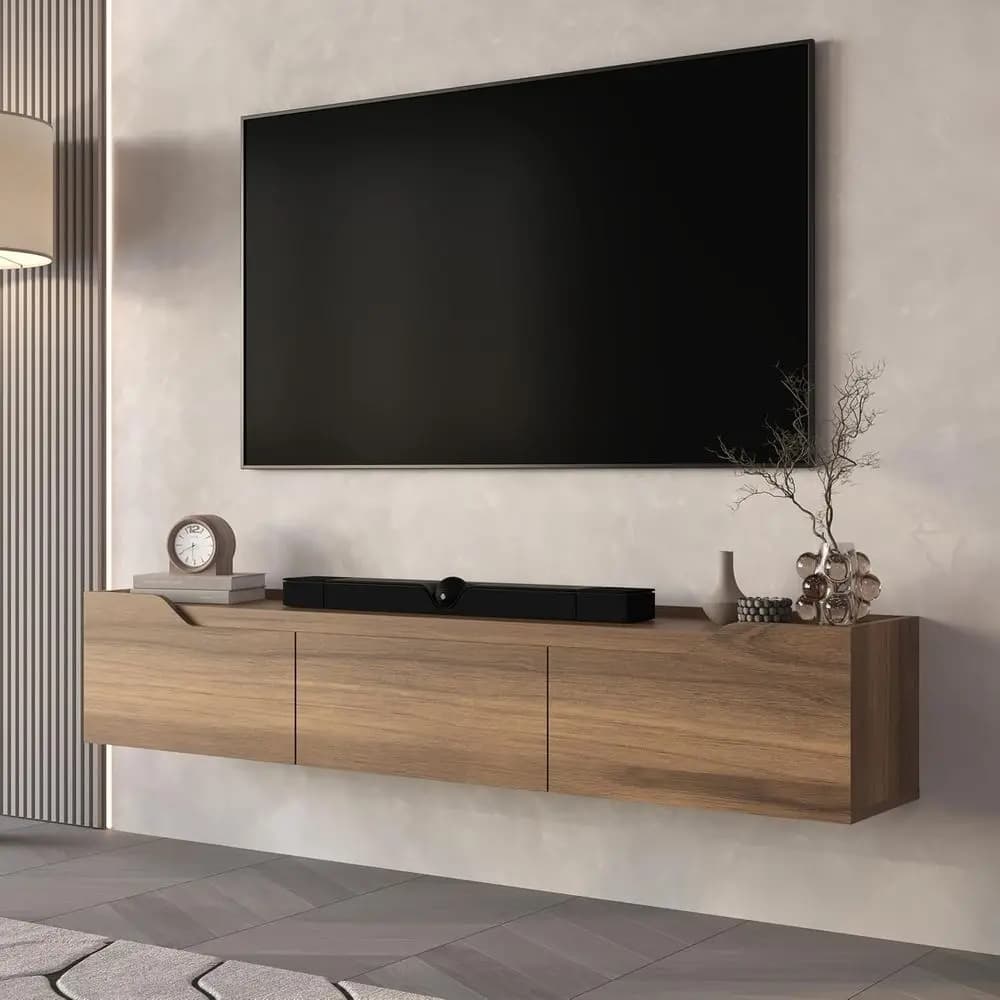 Mobile TV Sospeso per TV da 75 Pollici, Centro Intrattenimento Moderno con Gestione Cavi, Elegante Mobile TV da Soggiorno in Noce