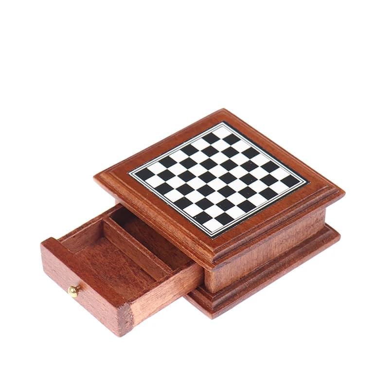 Scacchiera in miniatura per casa delle bambole 1:12 con scatola portaoggetti Set accessori giocattolo per mobili