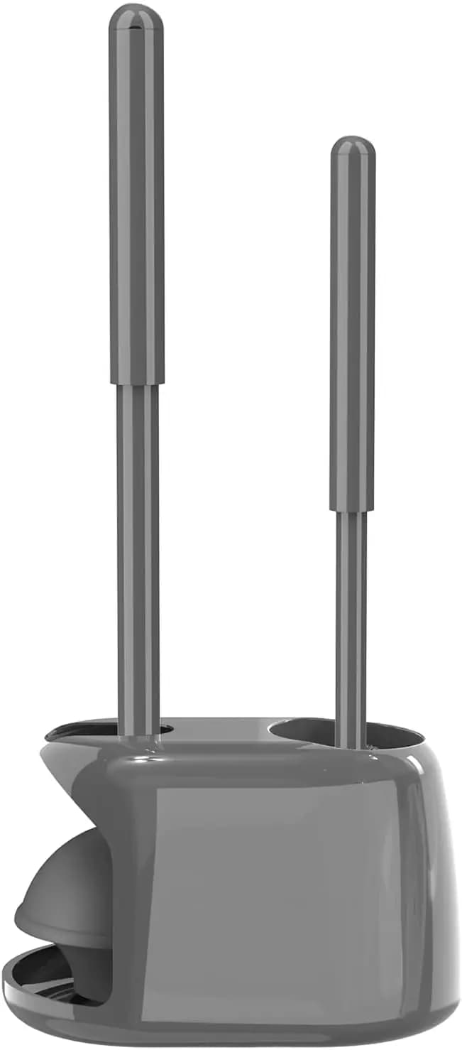 Toilet Brush and Plunger Set with Semi-Hidden Caddy for Heavy Duty Cleaning, Gray