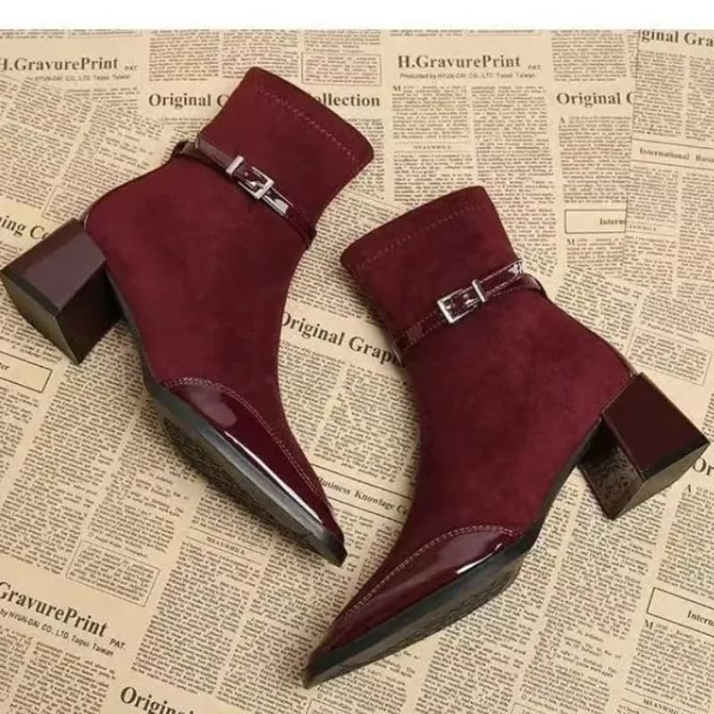 Boots with belt buckle Fashion Square toe with suede leather panels Side hinge Soft sole Wide heel Non-slip Single