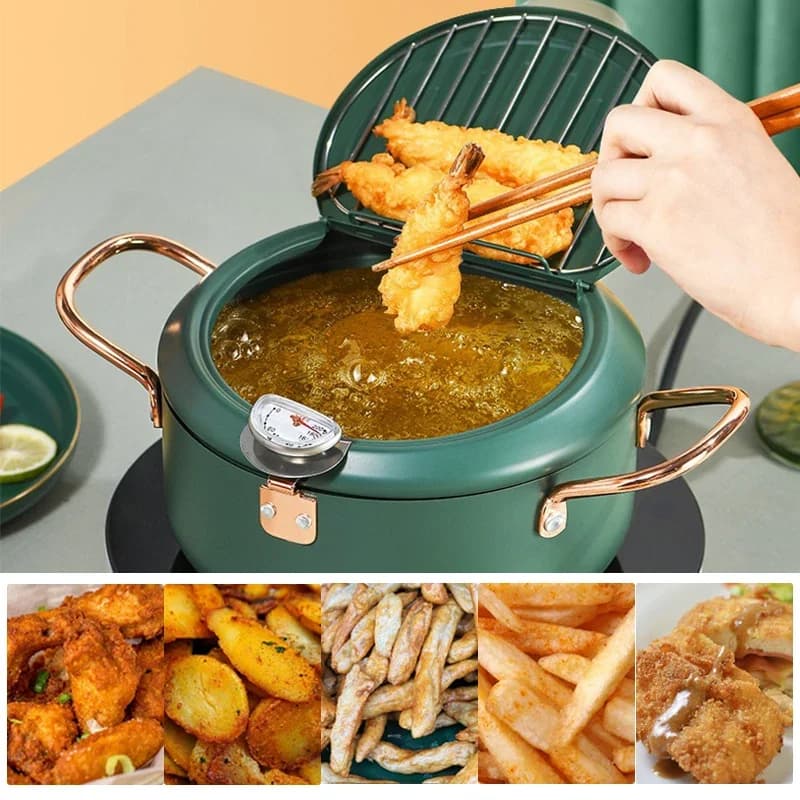 Stainless steel oil pan 304 Japanese frying pan with thermometer and pan lid for fries Cooking Tempura