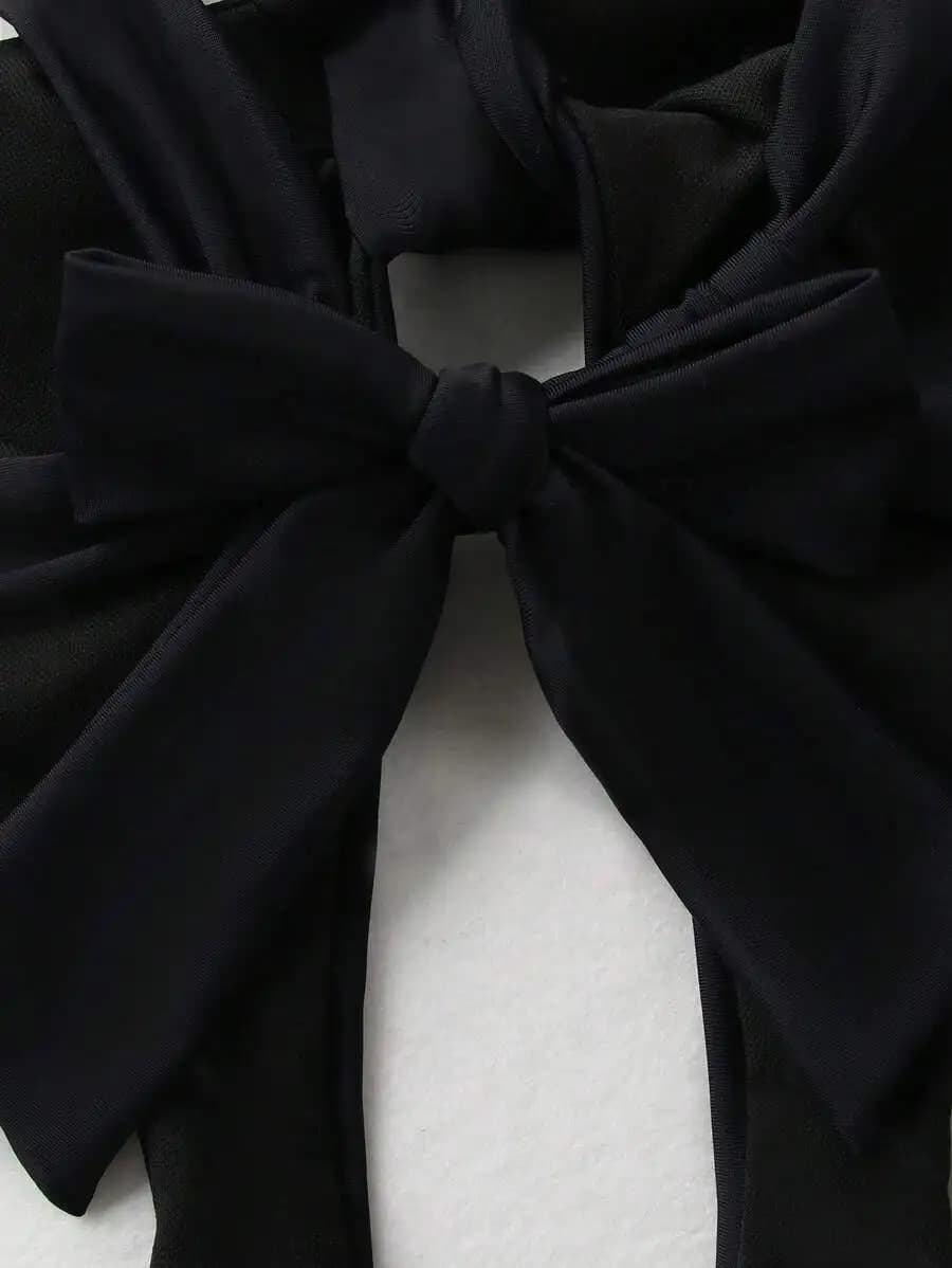 Black Solid Hollow-Out One-Piece Swimsuit With Bow Detail For Beach Party Vacation