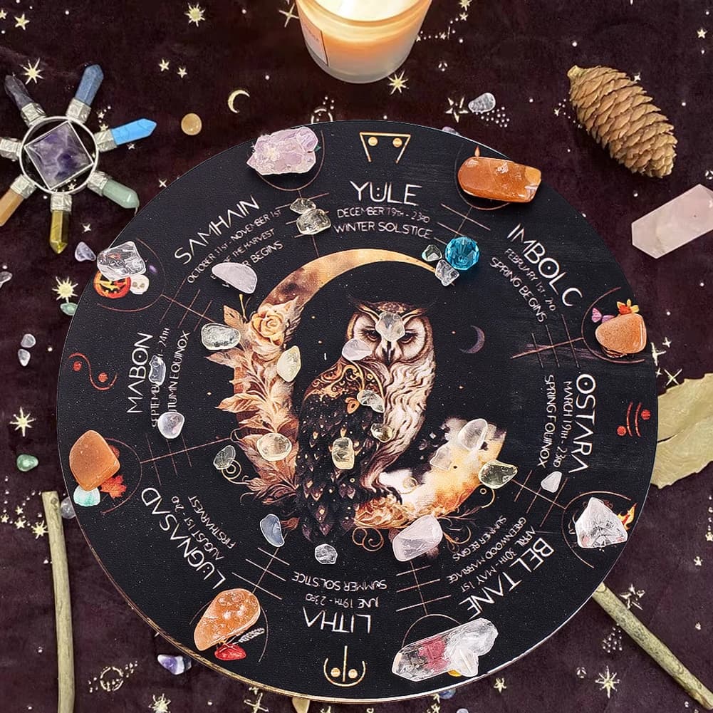 Bent Moon Owl decorazione in legno plancia Crystal Energy Stone pendolo Plank Round Coaster Meditation Board forniture per l'altare della strega