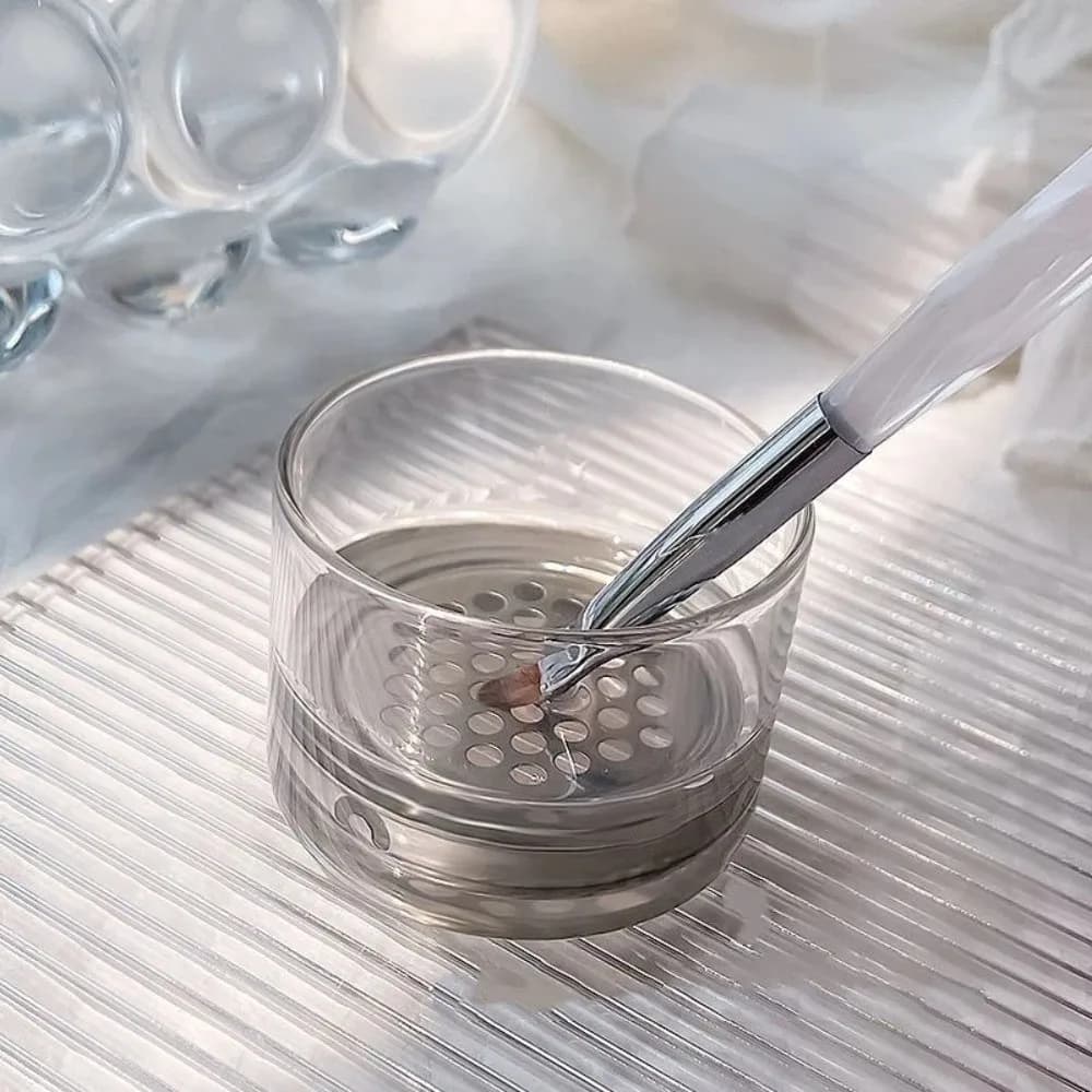 Coppa Trasparente in Vetro per Pulizia Pennelli Unghie, Rotonda con Coperchio in Legno, Contenitore per Lavaggio Pennelli, Rete in Acciaio Inossidabile per Lavaggio Pennelli Nail Art