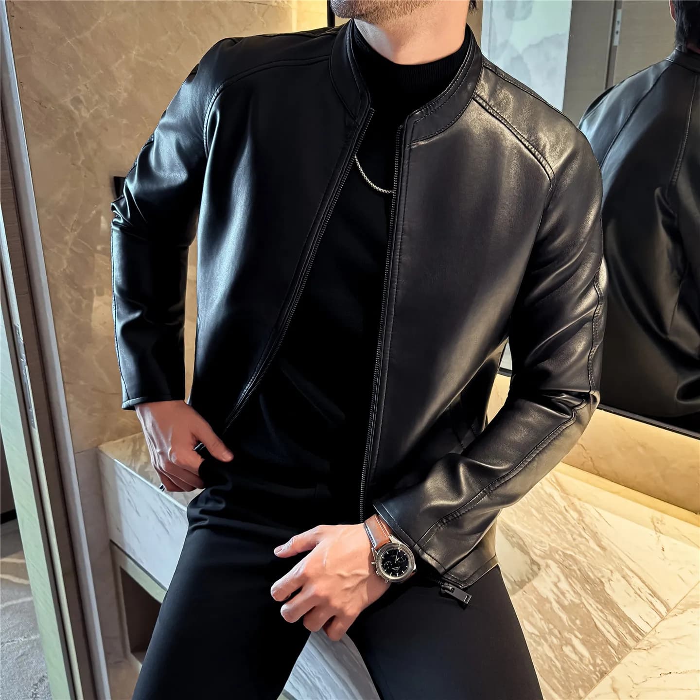 High Quality Autumn Winter Men's PU Leather Jackets Black Slim Fit Stand Collar Fashion Leather Outerwear Coat Moto Biker Jacket