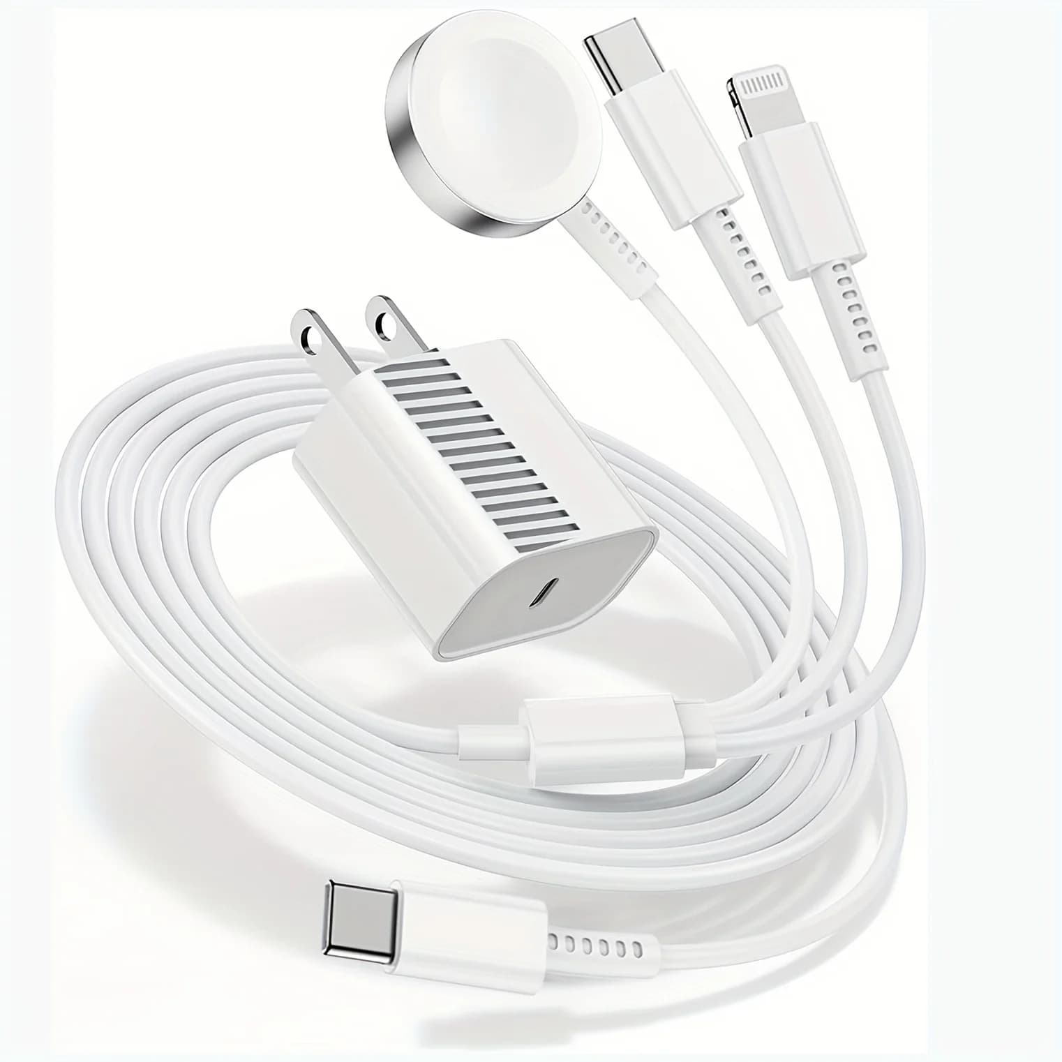 Portable 3-in-1 Charger for iWatch and iPhone – Lightweight for travel, charge for Apple Watch SE and iPhone 13/14/15/16/17 on the go. Includes 20W adapter and long cord, reduces luggage clutter.