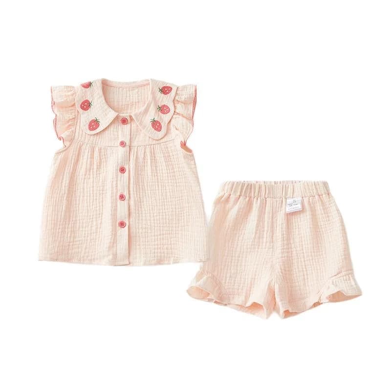 Neonate Abiti estivi Mussola di cotone Colletto per bambola Vestiti Camicia Pantaloncini Abiti Fragole ricamateTop + Pantaloni Set 2 pezzi 0-4T