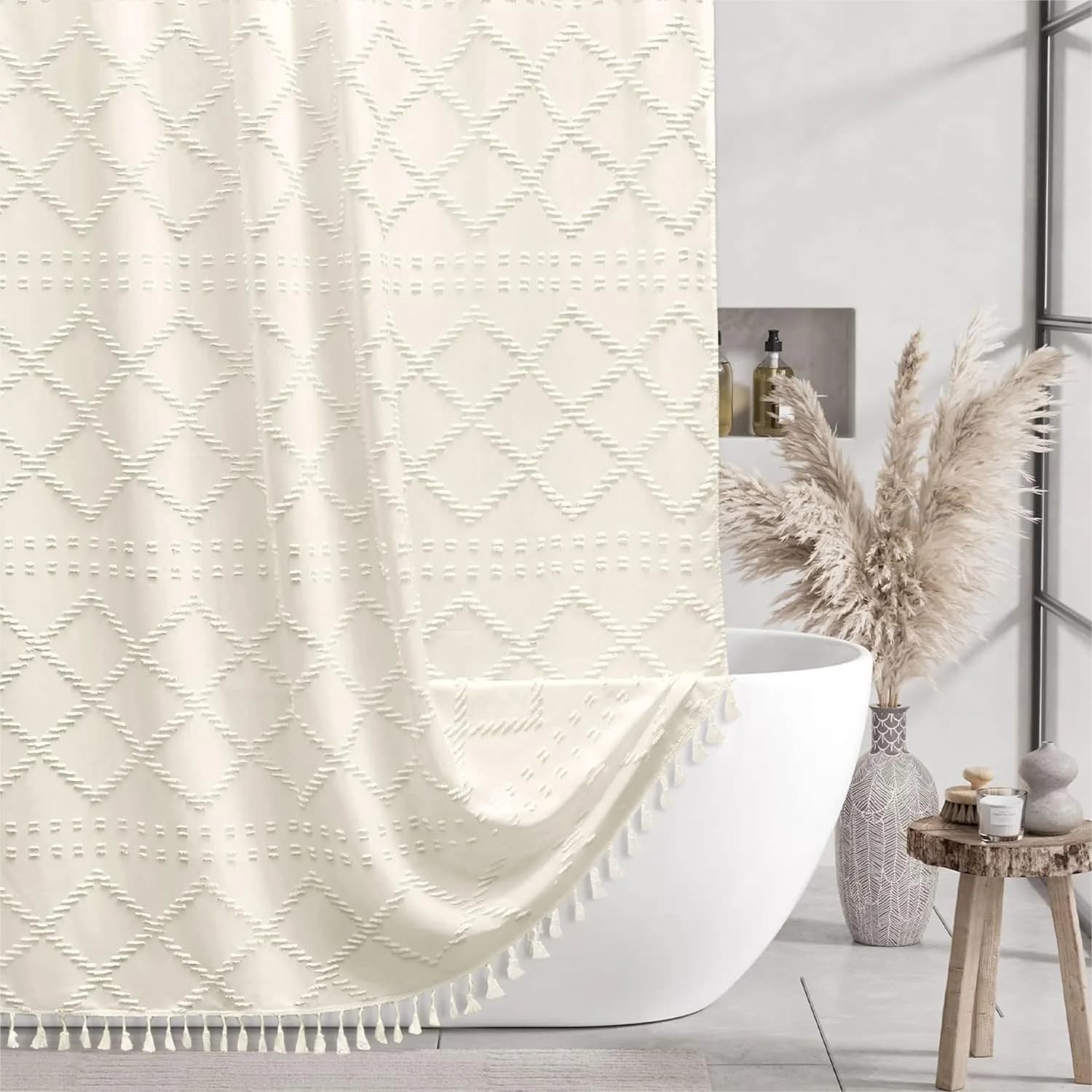 Cream Boho Woven Fabric Shower Curtain 72x72 Tufted Chevron Textured Striped for Bathroom