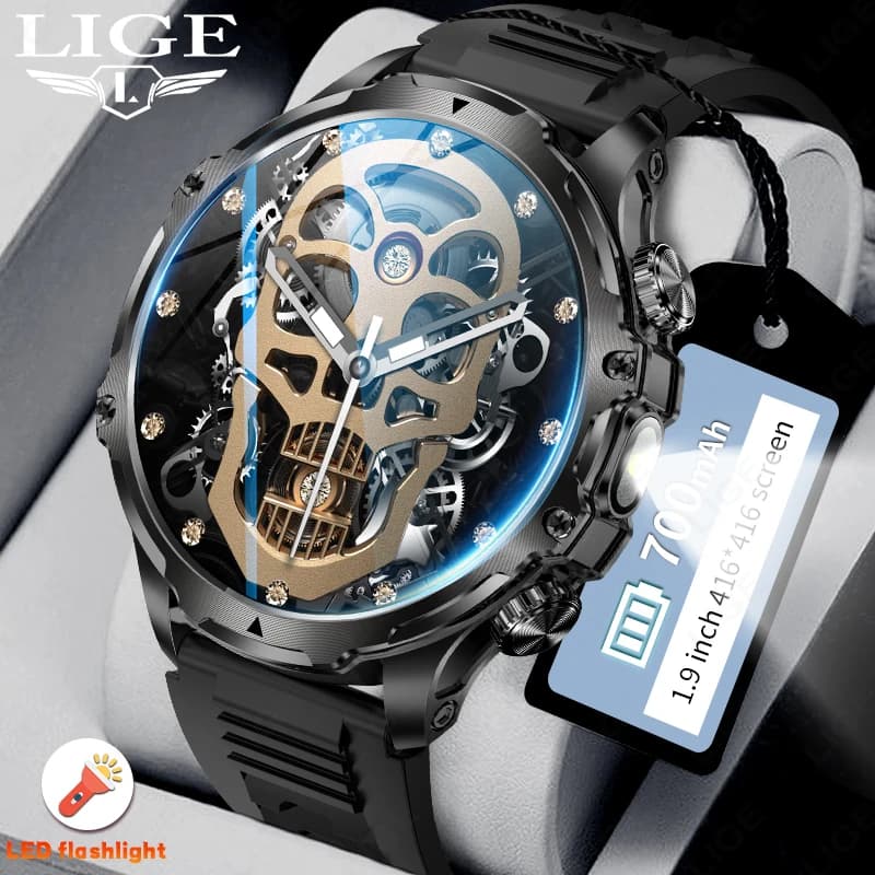 LIGE 700mah Battery Large Electric Flashlight 1.9 Inch Men Airborne Men Open Sports Fitness Tracker BT Calls HA CONDUCTION Light Smartwatch New