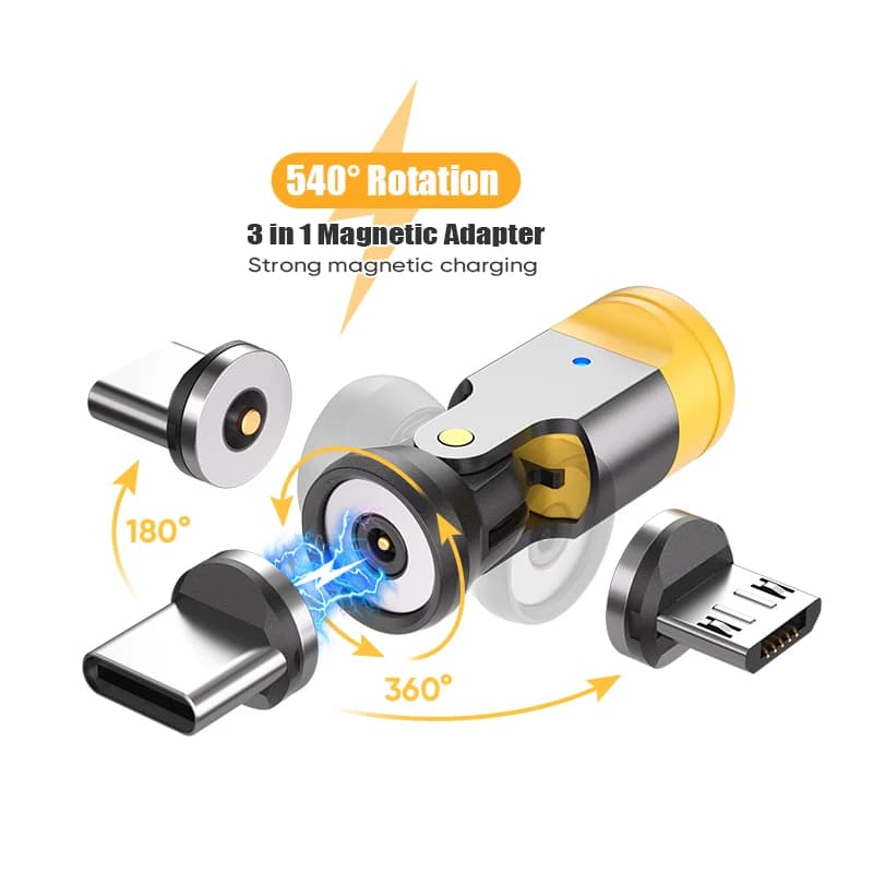 540 ° Adattatore USB C magnetico rotante, convertitore da USB C femmina a Type C/Micro iOS con punte 3-in-1 per iPhone Pro, Xiaomi, Samsung