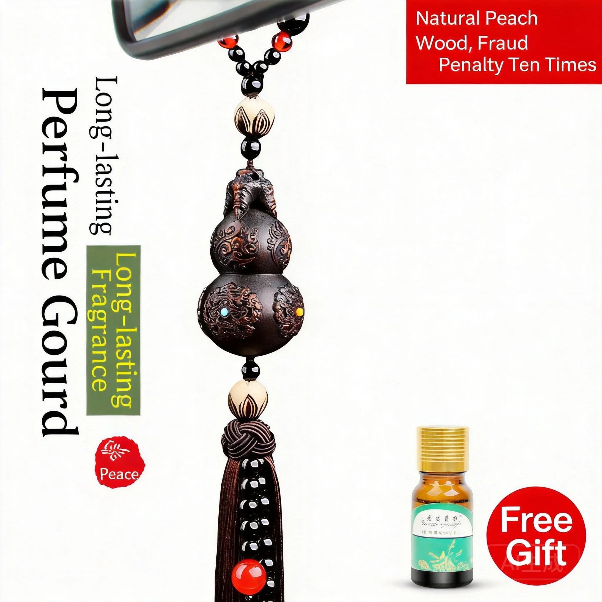 Chinese Style Auspicious Peach Wood Gourd Car Hanging Ornament Aromatherapy Diffuser Rearview Mirror Pendant Blessing Safety For