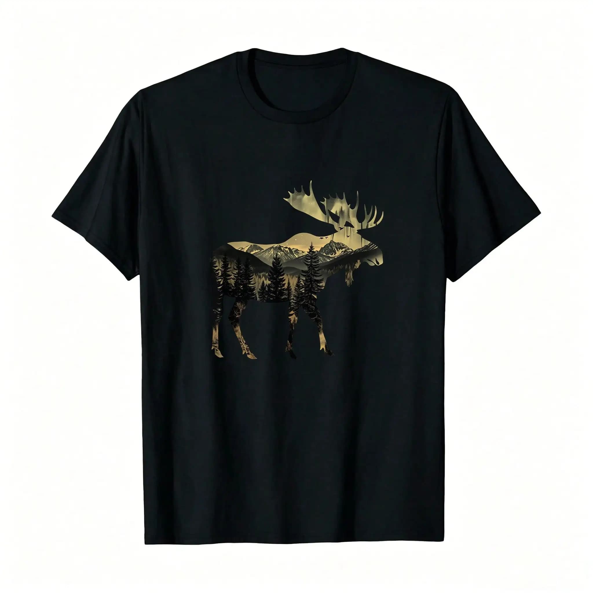 Alaska Wilderness Moose Hunting Nature Enthusiasts Printed T-Shirt, Men's Printed T-Shirt 220g_,Breathable And Comfortable Short-Sleeved Round-Neck Top, Suitable For All Seasons, Everyday Wear For Women