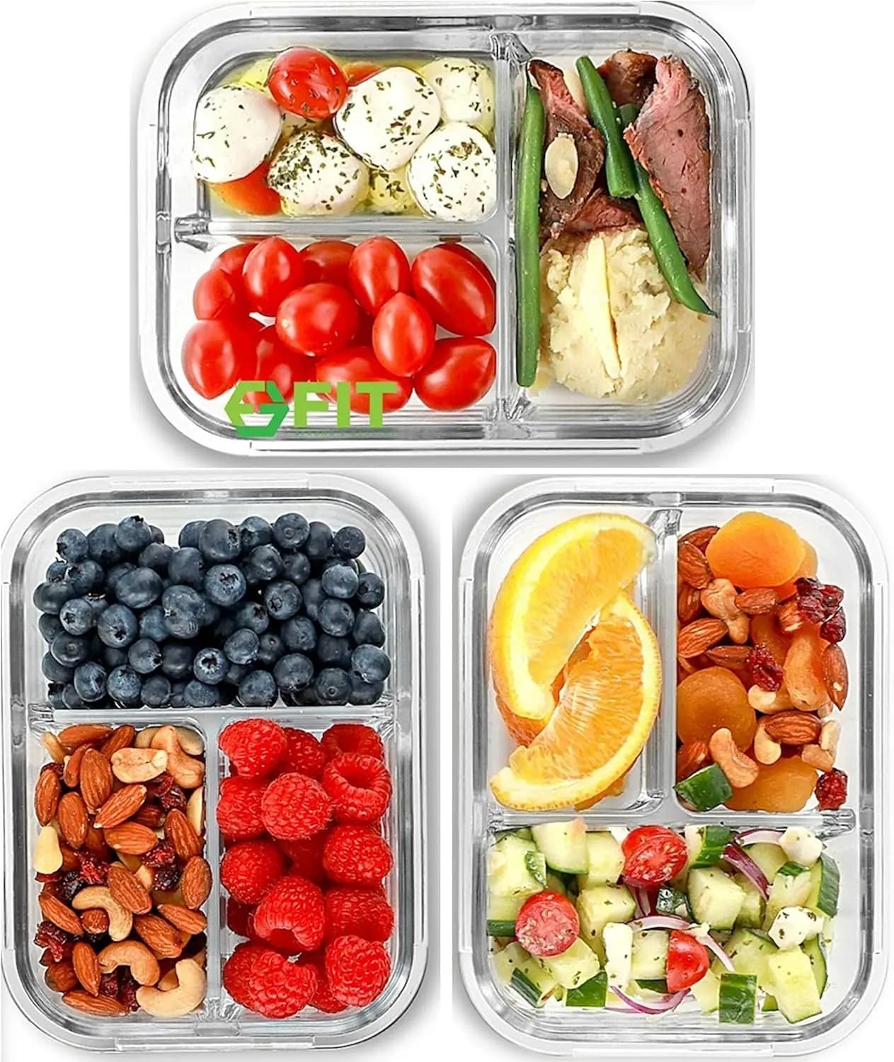 Contenitori in Vetro per Preparazione Pasti con 3 Scomparti e Coperchi, Ermetici, Bento Box Blu da 32oz per Conservazione Sana del Pranzo, Set da 3