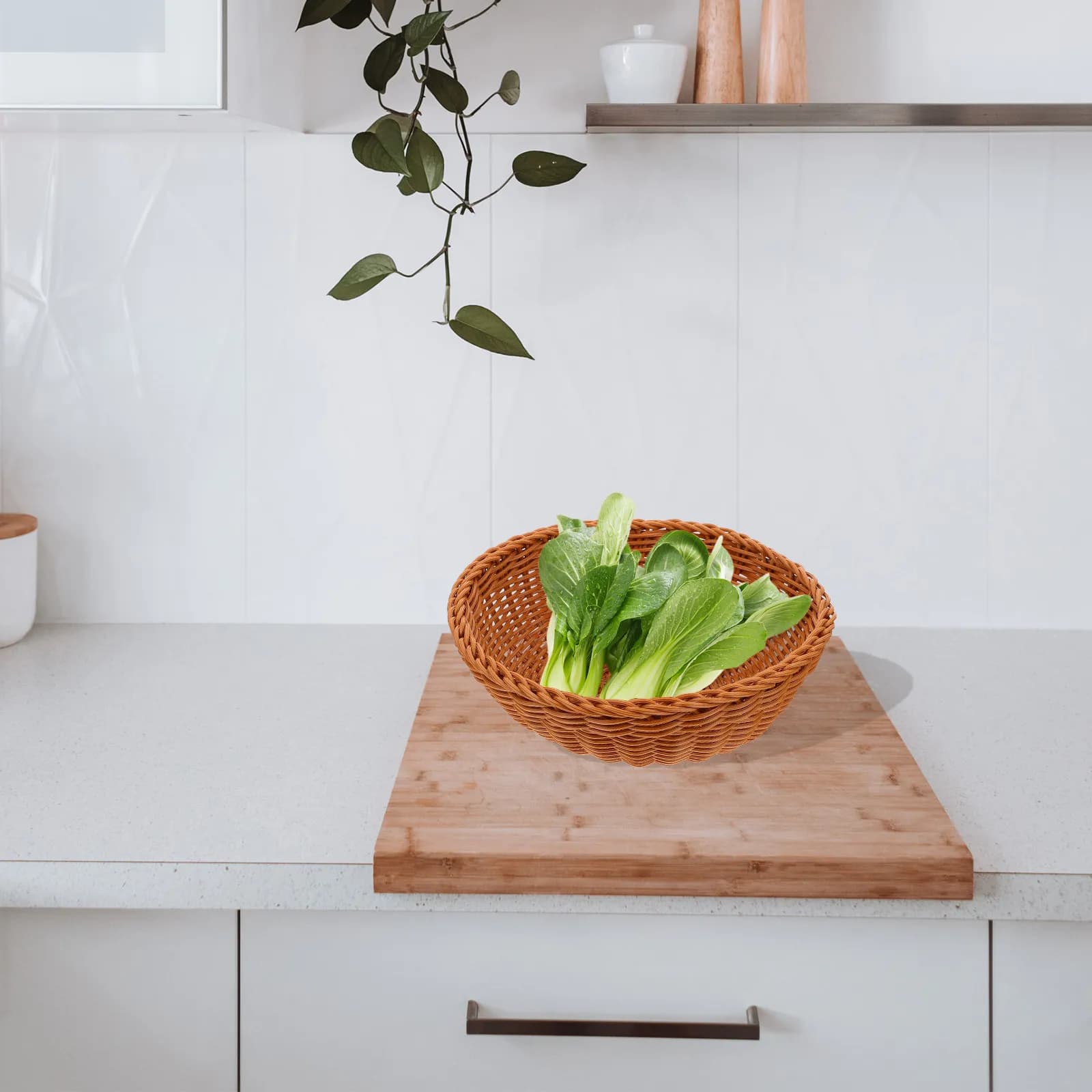 Premium Imitation Rattan Bread Basket Woven Food Storage Basket for Snacks Fruits Dried Nuts Cookies Desktop Serving Decor Light