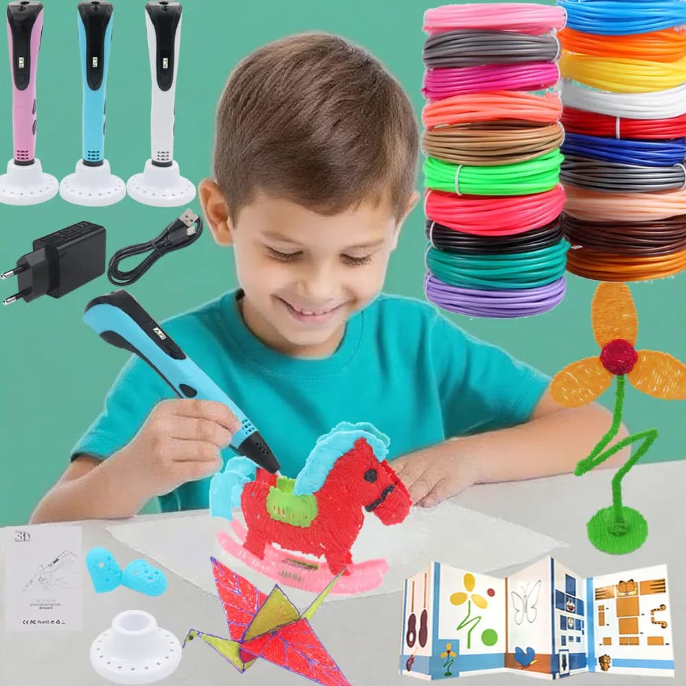 Penna 3D per Bambini con Adattatore di Alimentazione, Display LCD, Custodia da Viaggio, Filamento PLA, Regalo di Compleanno e Natale per Bambini, Giocattolo Fai-da-Te