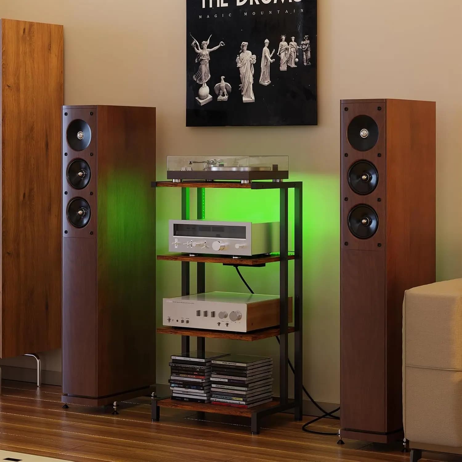 X-cosrack 16.5" Small 4-Tier AV Media Stand with Power Strips,Narrow Version Wooden Corner TV Stand Shelf with LED Light