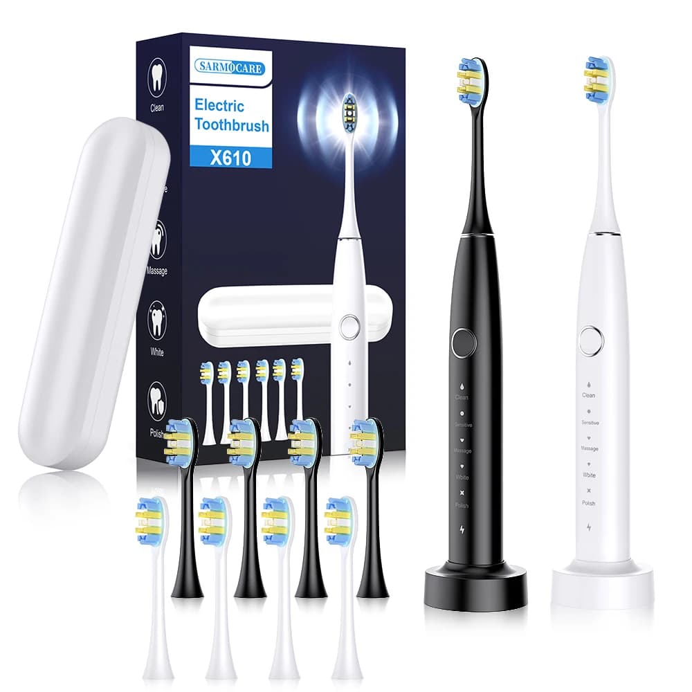 Spazzolino elettrico sonico per adulti Smart Timer Sbiancamento dei denti IPX7 Impermeabile 6 testine sostituibili Custodia da viaggio Sarmocare X610