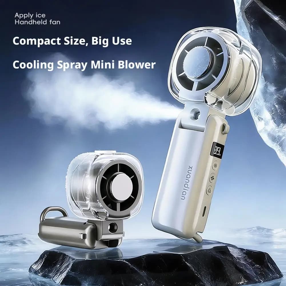 Semiconductor Handheld Fan with Cooling Spray Portable High Speed Mini Blower Electric Air Cooler Folding Desktop Neck Hanging