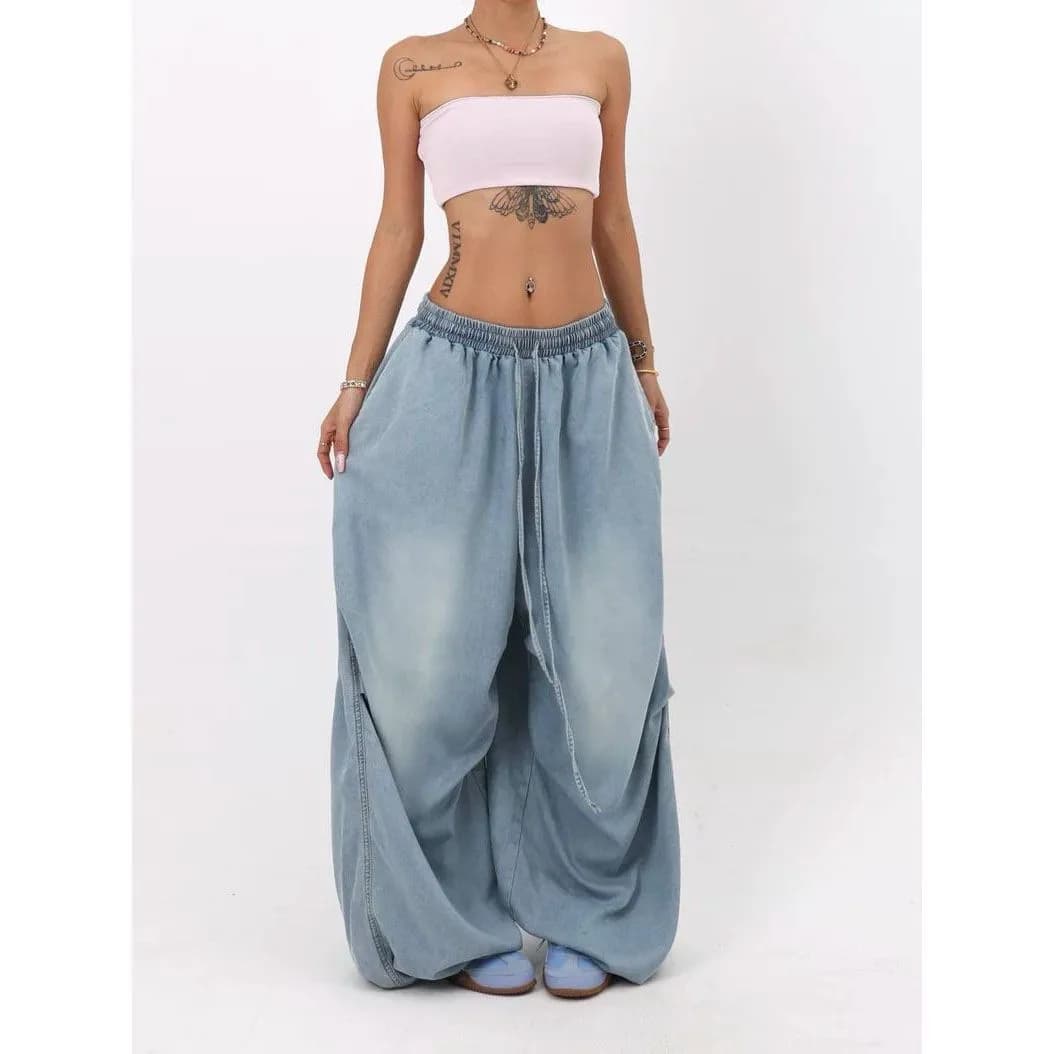 Street Style High Waist Bell Bottom Jeans Color Casual Wide Leg Pants Unisex Blue Denim Trousers for All Seasons