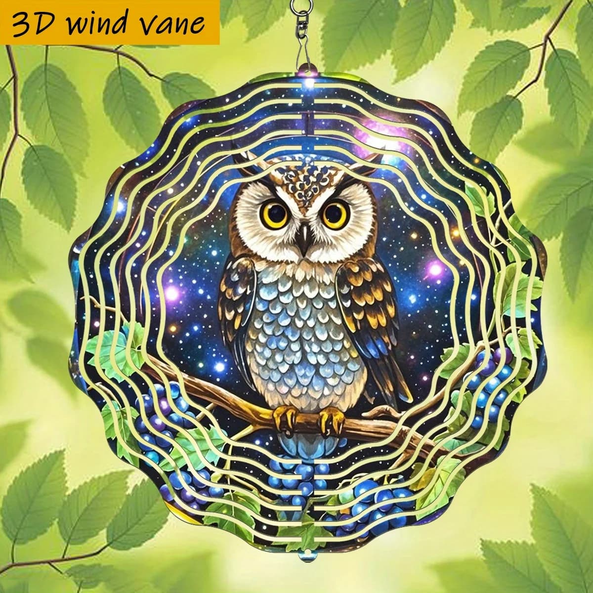 3D Owl on Starry Branch Metal Wind Chime - Double-Sided Rotating Hook, 360° Creative Design, Iron Material, Ideal for LawnDecor
