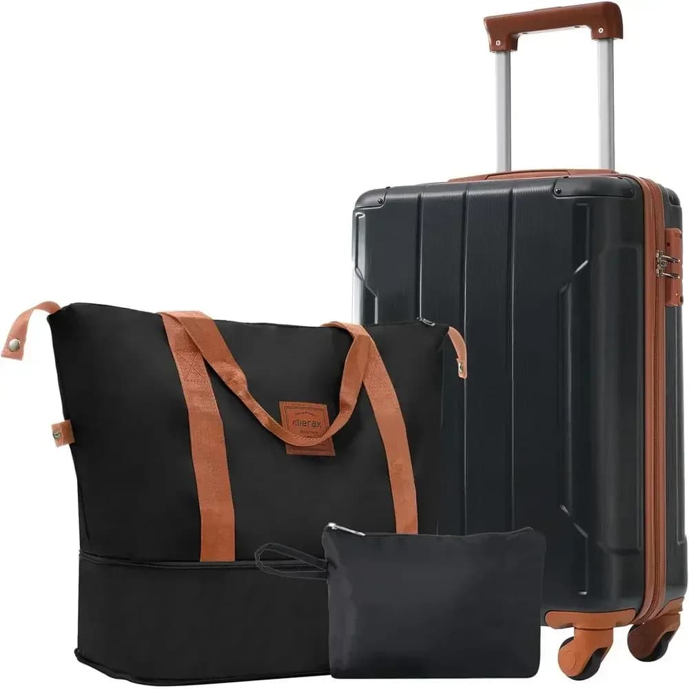 3-Piece Lightweight Durable Spinner Luggage Set with Guards, Black Brown, 20inch