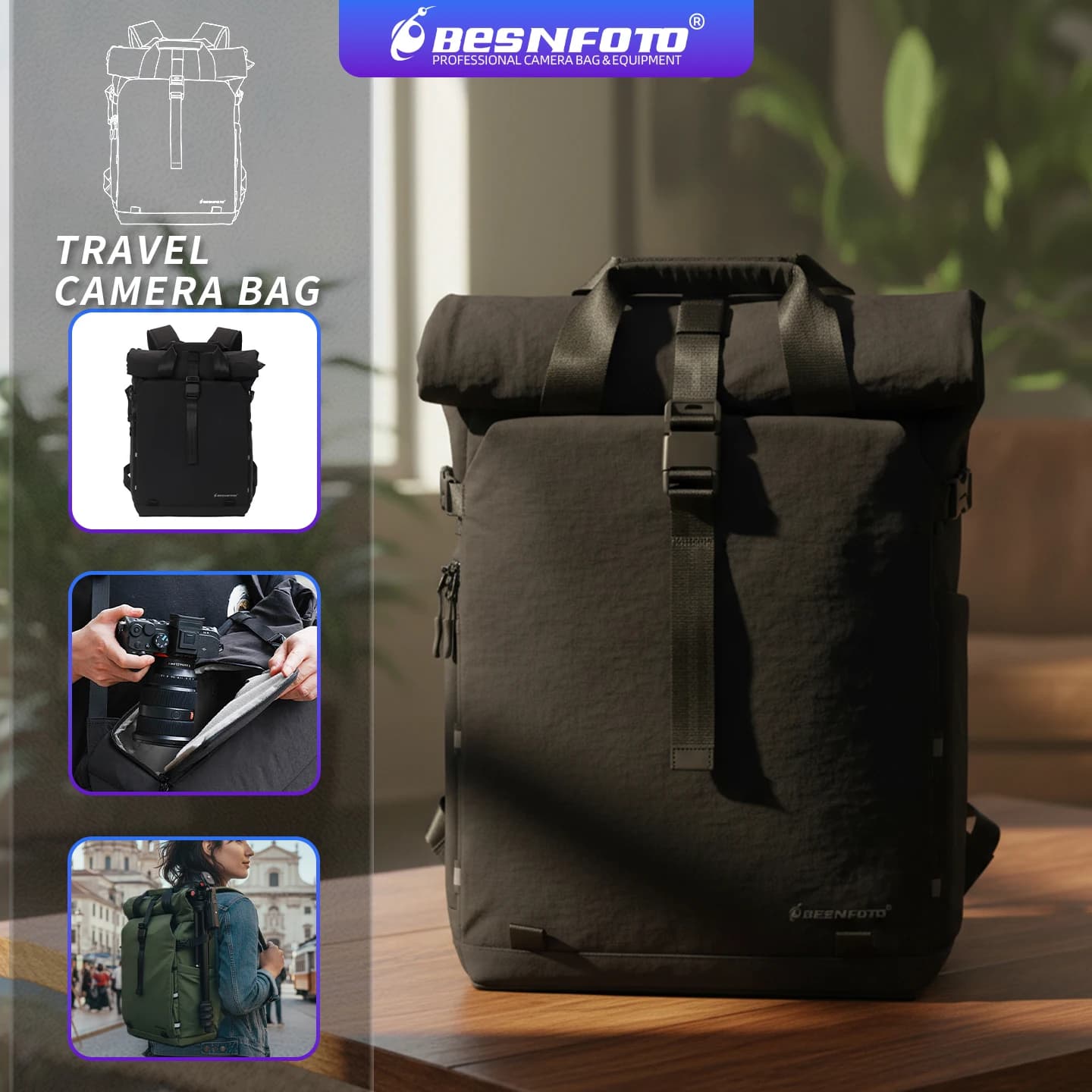 Zaino Fotografico Professionale Besnfoto Impermeabile Espandibile con Chiusura Roll-Top per Fotocamere DSLR, Mirrorless e Droni, Adatto per Laptop da 16 Pollici