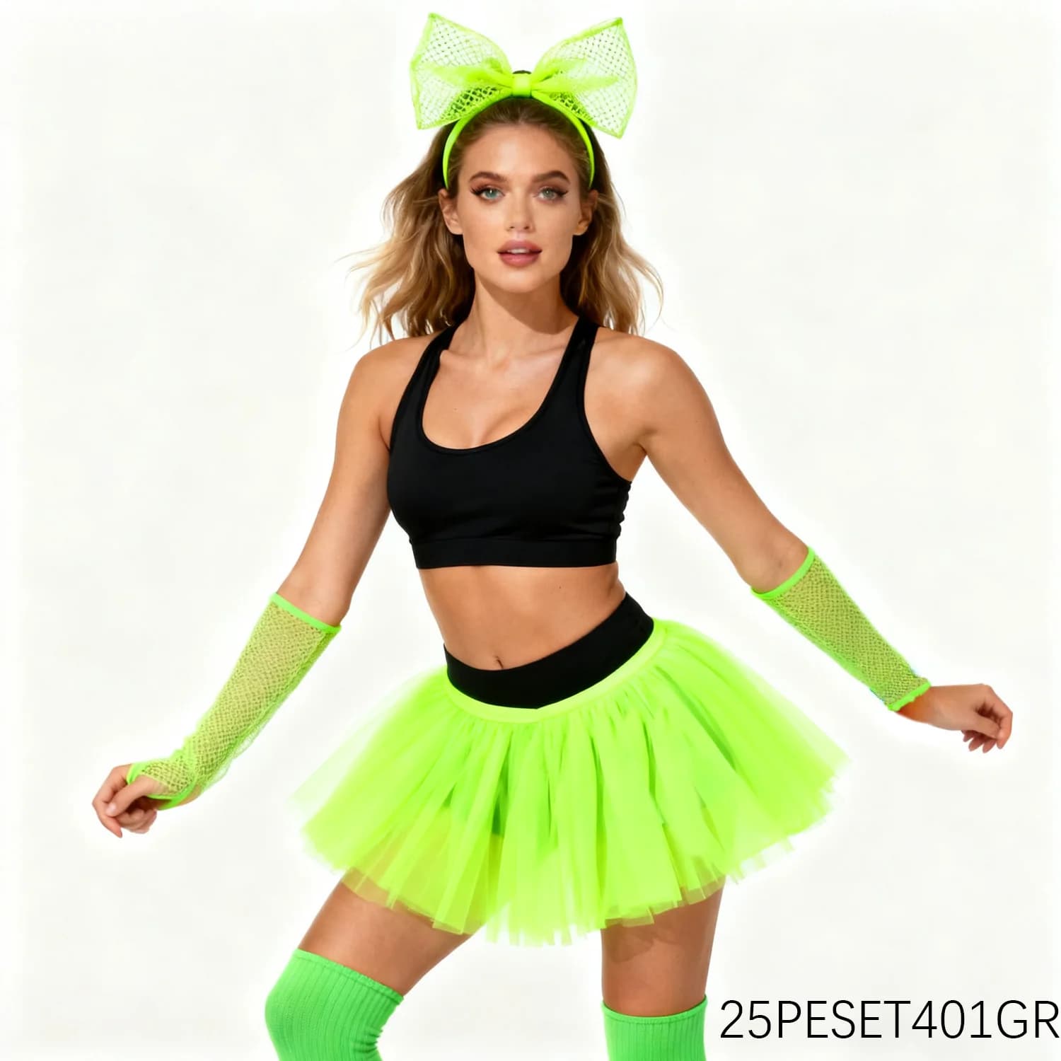 Costumi da personaggi degli anni '80, ispirati all'era verde, inclusi fasce per capelli, ginocchiere, guanti, bretelle e altri indumenti per feste di Pasqua