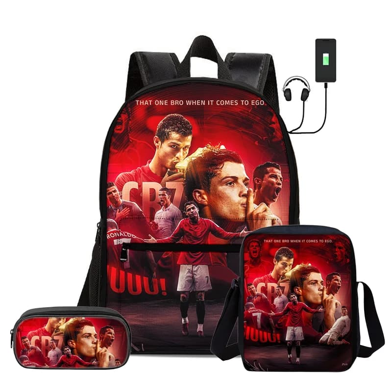 Ronaldo 3 Pcs Set Child School Backpack with Shoulder Bag Pencil Bag Backpack with USB interface Knapsack Kids Rucksack